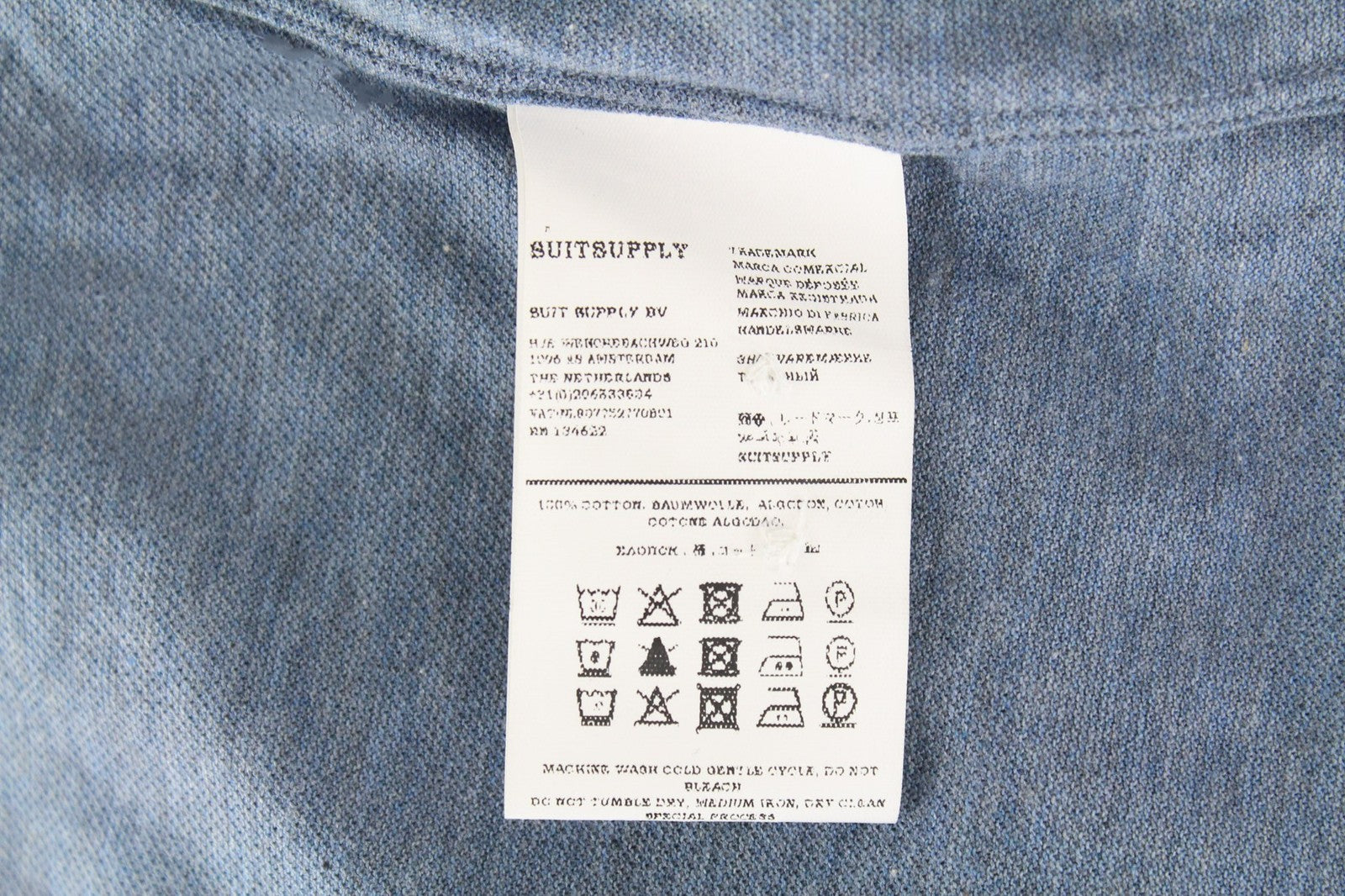 SUITSUPPLY vyriški marškinėliai ~L šviesiai mėlyni platėjančios apykaklės melanžo medvilniniai elegantiško kirpimo marškinėliai 