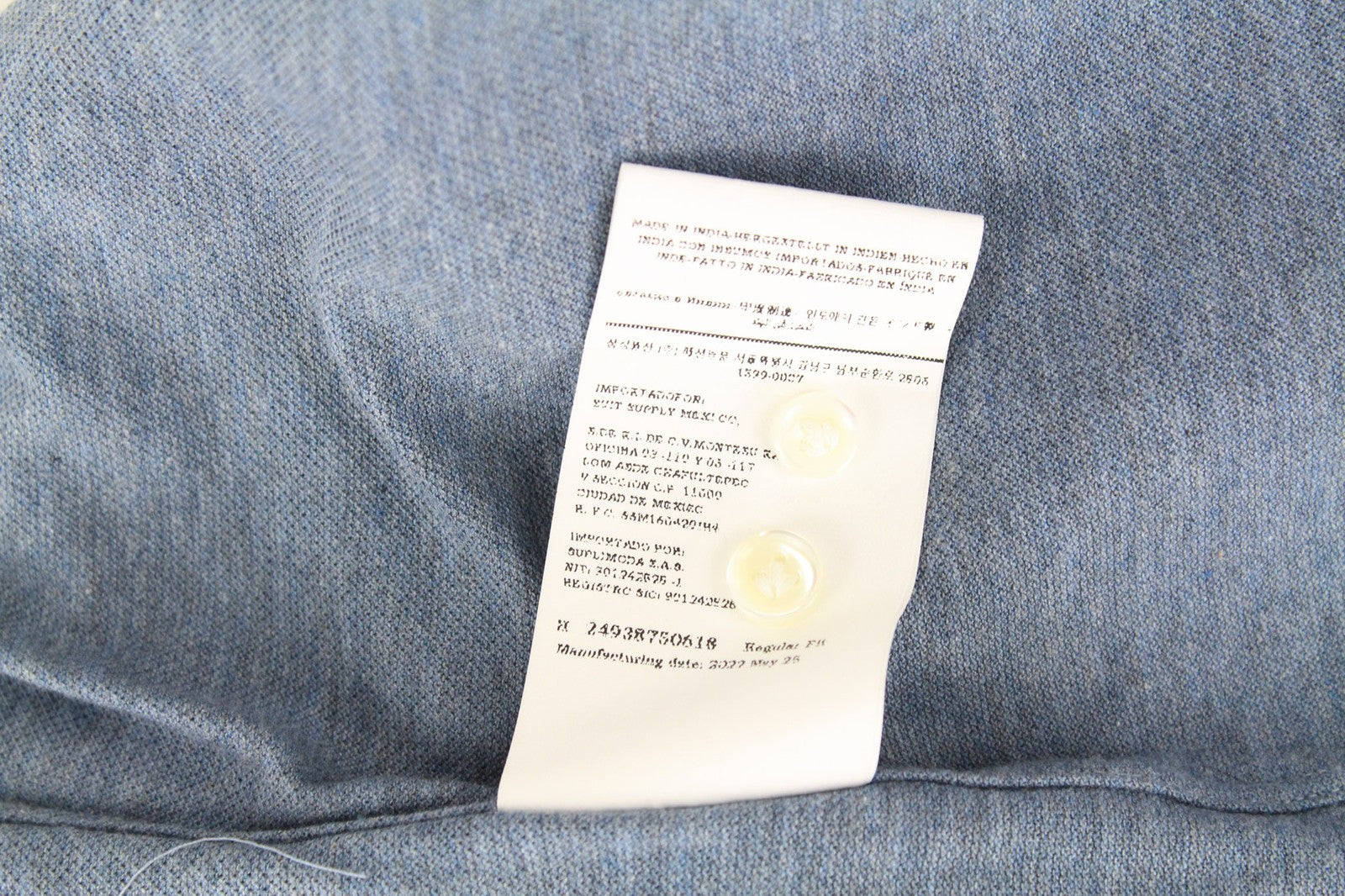 SUITSUPPLY vyriški marškinėliai ~L šviesiai mėlyni platėjančios apykaklės melanžo medvilniniai elegantiško kirpimo marškinėliai 