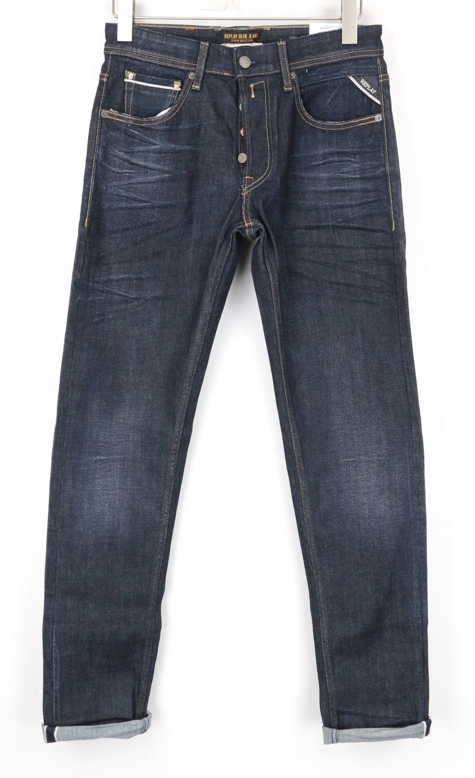 REPLAY Grover vyriški džinsai W30/L34 Selvedge tiesūs tamprūs medvilniniai mėlyni skalbinių rašto džinsai 