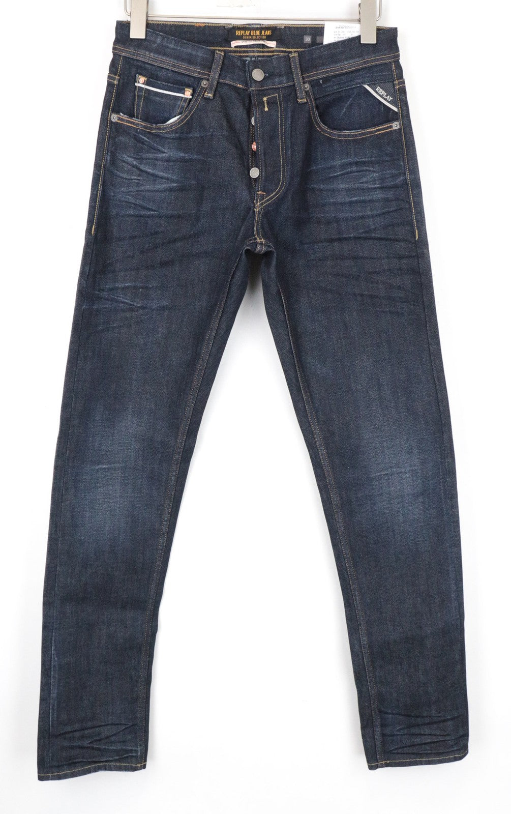 REPLAY Grover vyriški džinsai W30/L34 Selvedge tiesūs tamprūs medvilniniai mėlyni skalbinių rašto džinsai 