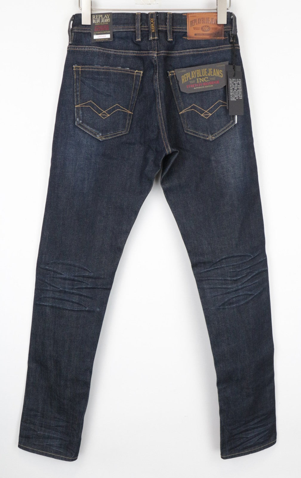 REPLAY Grover vyriški džinsai W30/L34 Selvedge tiesūs tamprūs medvilniniai mėlyni skalbinių rašto džinsai 