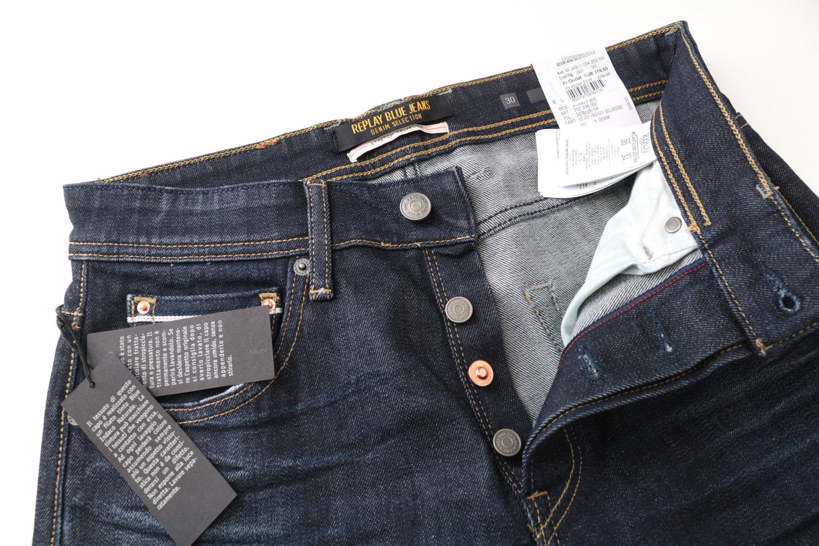 REPLAY Grover vyriški džinsai W30/L34 Selvedge tiesūs tamprūs medvilniniai mėlyni skalbinių rašto džinsai 