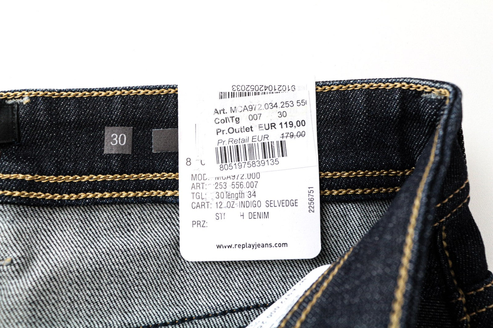 REPLAY Grover vyriški džinsai W30/L34 Selvedge tiesūs tamprūs medvilniniai mėlyni skalbinių rašto džinsai 