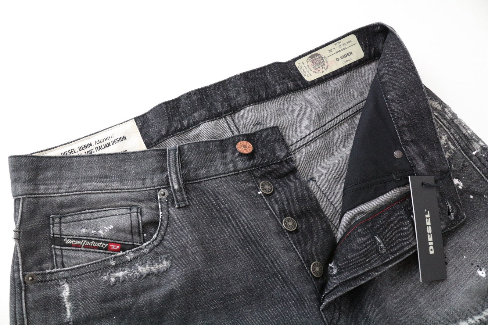 DIESEL D-Vider 083AB vyriški džinsai, UK32/L32, morkų kirpimo, pilki, medvilniniai, plėšyti dažai 