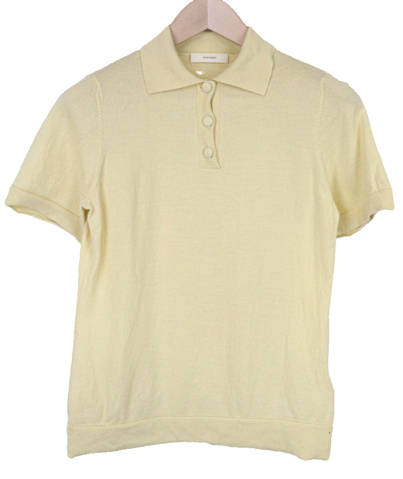 SUISTUDIO Dayton moteriški merino vilnos polo marškinėliai L dydžio, geltoni, trumpomis rankovėmis 