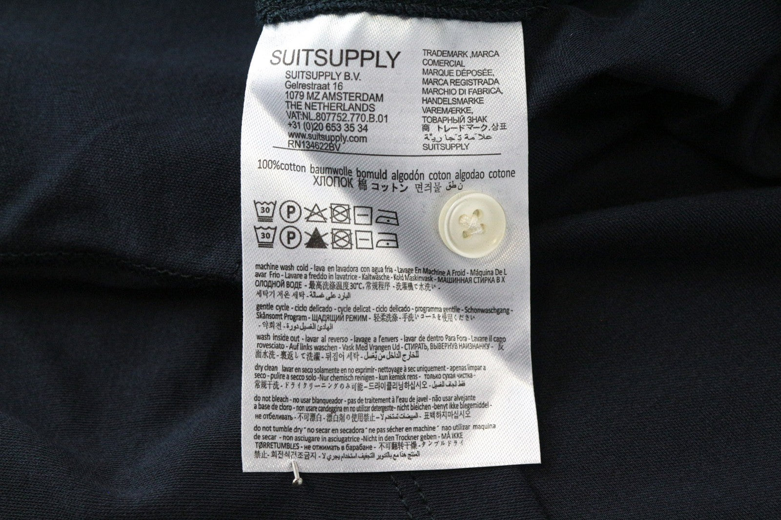 SUITSUPPLY Men's T-Shirt L Long Sleeve Henley Navy Pima Cotton Classic Wear