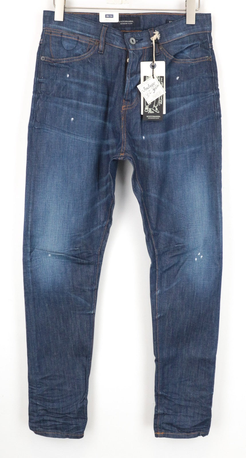 SCOTCH &amp; SODA Stump vyriški džinsai W30/L34 trumpinti laisvi siaurėjantys mėlyni skalbti džinsai 