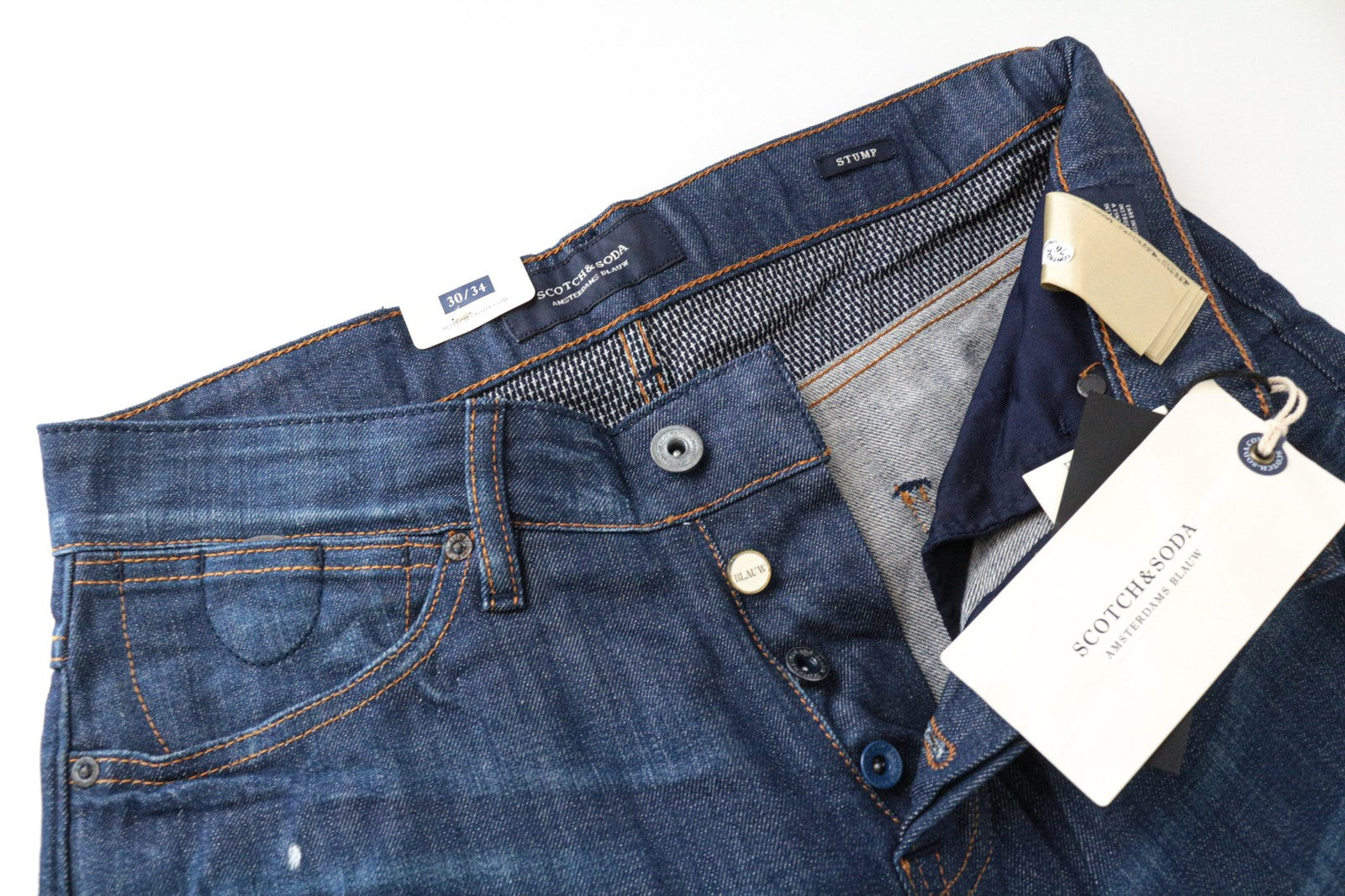 SCOTCH &amp; SODA Stump vyriški džinsai W30/L34 trumpinti laisvi siaurėjantys mėlyni skalbti džinsai 