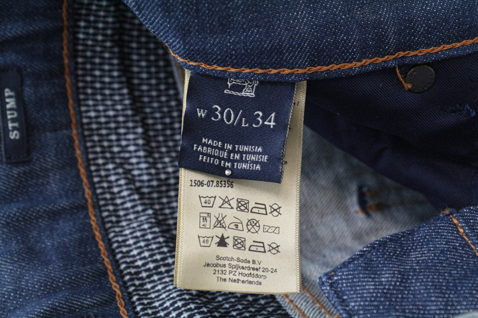 SCOTCH &amp; SODA Stump vyriški džinsai W30/L34 trumpinti laisvi siaurėjantys mėlyni skalbti džinsai 