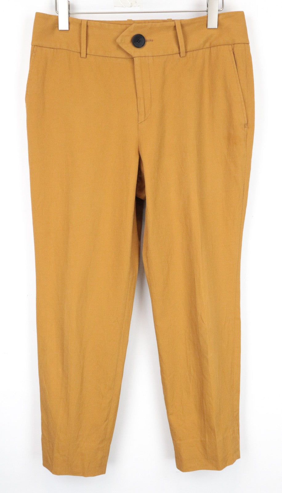 SUISTUDIO Lane moteriškos kelnės UK16R rudos dryžuoto audinio, plonos, ilgos, medvilninės, plokščio priekio. 