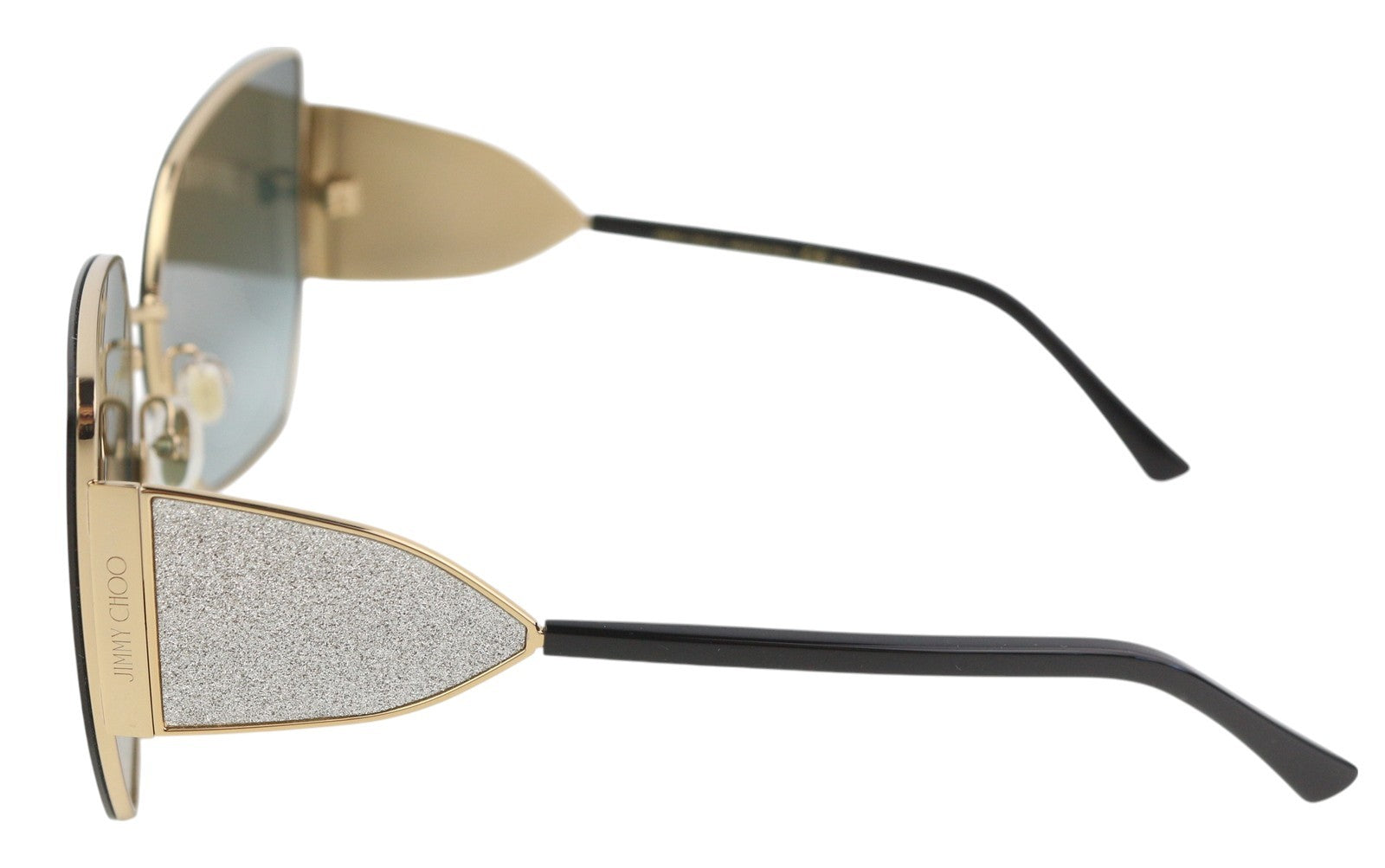 JIMMY CHOO River/S moteriški akiniai nuo saulės su aukso spalvos blizgančiu drugelio formos logotipu, rekomenduojama kaina – 385 €