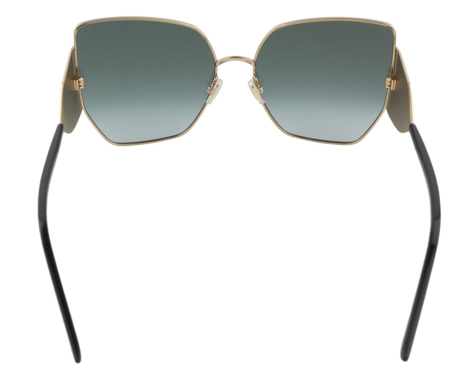 JIMMY CHOO River/S moteriški akiniai nuo saulės su aukso spalvos blizgančiu drugelio formos logotipu, rekomenduojama kaina – 385 €