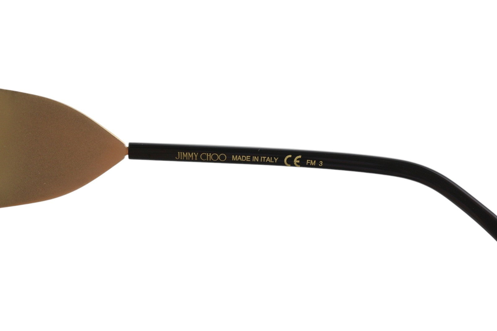 JIMMY CHOO River/S moteriški akiniai nuo saulės su aukso spalvos blizgančiu drugelio formos logotipu, rekomenduojama kaina – 385 €