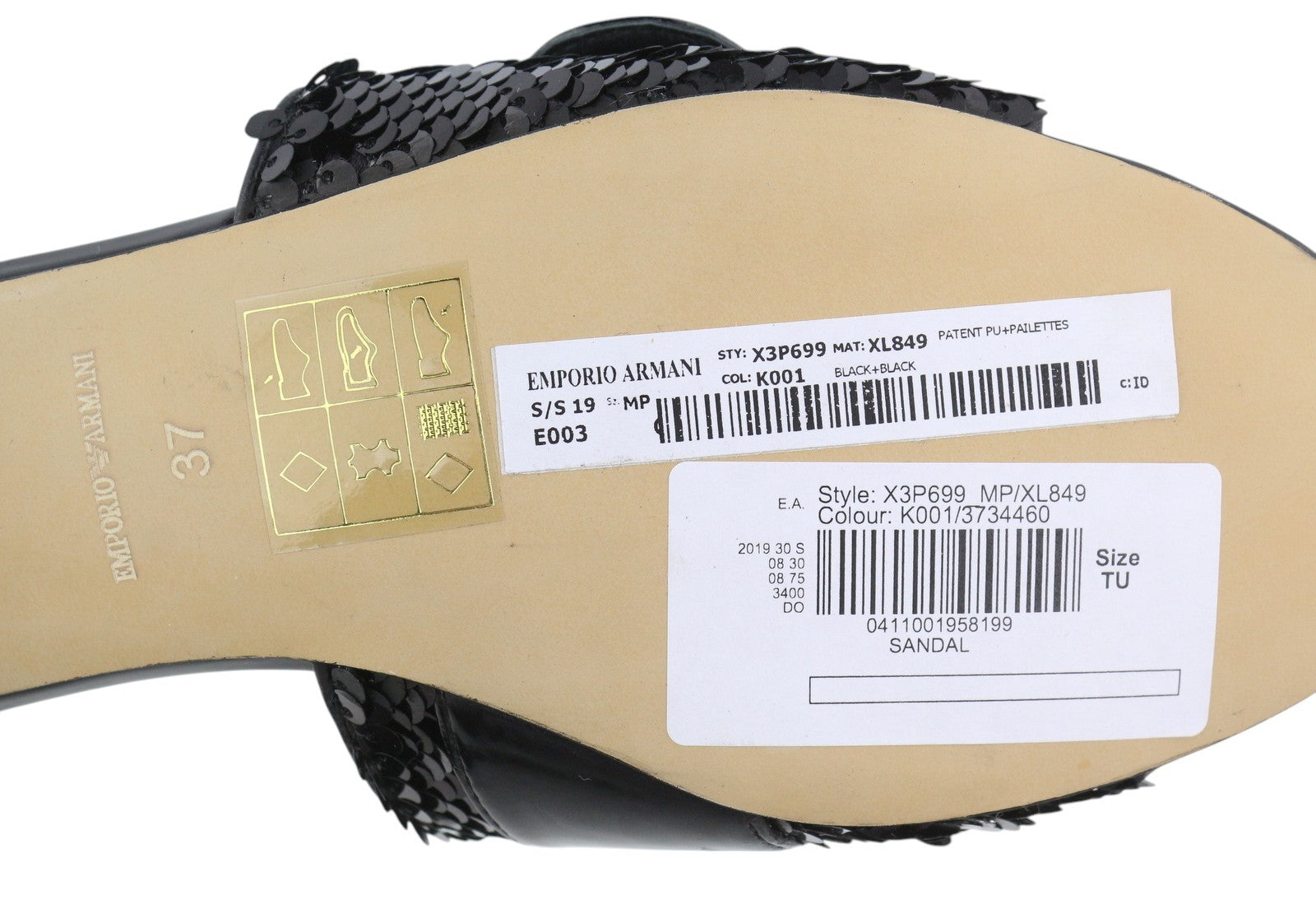 EMPORIO ARMANI X3P699 moteriški bateliai be kulno, 37 dydžio, juodi, blizgantys, blizgučiais puošti, atvira nosele. RMK 262 €. 