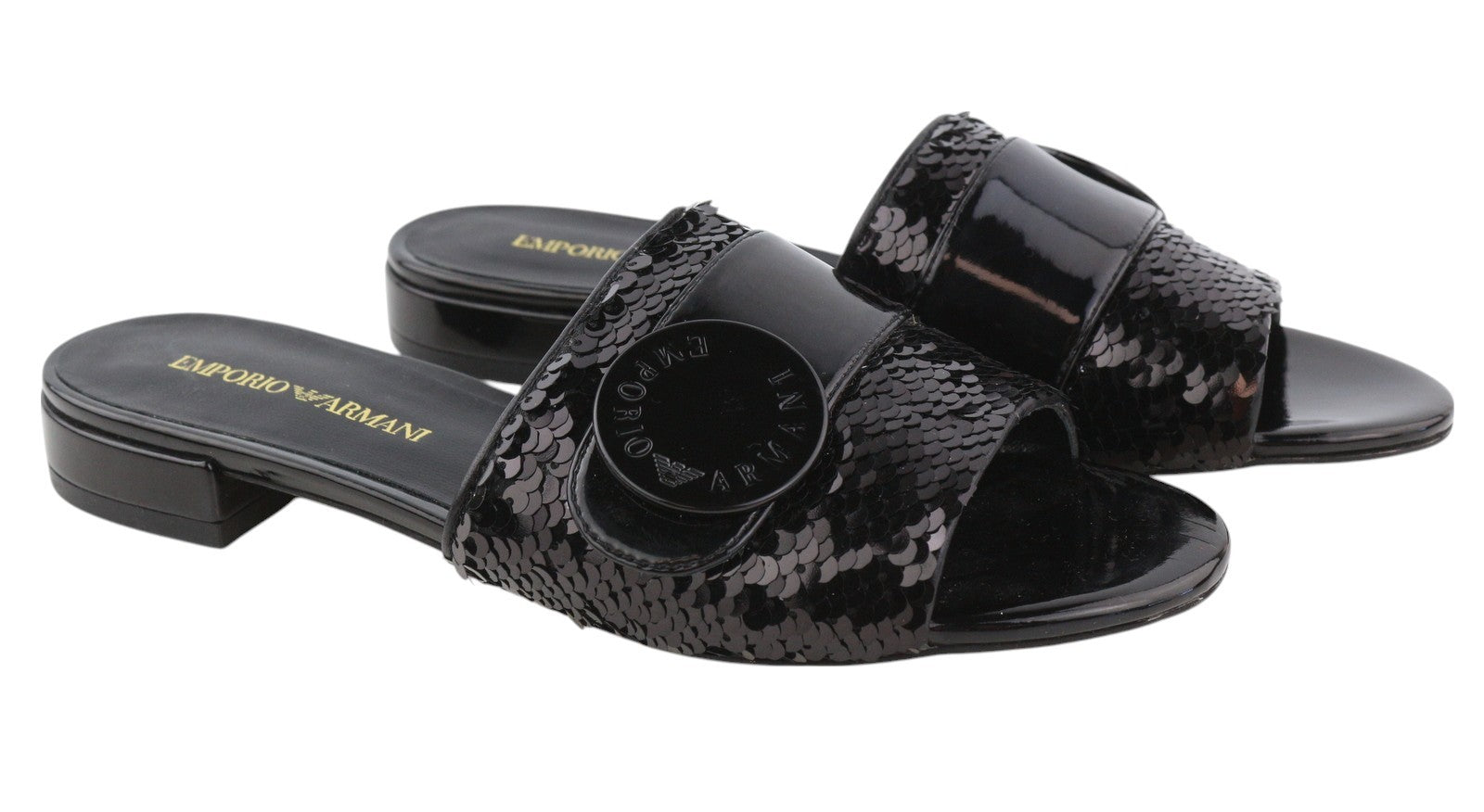 EMPORIO ARMANI X3P699 moteriški bateliai be kulno, 37 dydžio, juodi, blizgantys, blizgučiais puošti, atvira nosele. RMK 262 €. 