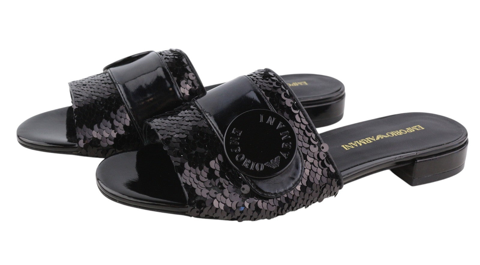 EMPORIO ARMANI X3P699 moteriški bateliai be kulno, 37 dydžio, juodi, blizgantys, blizgučiais puošti, atvira nosele. RMK 262 €. 