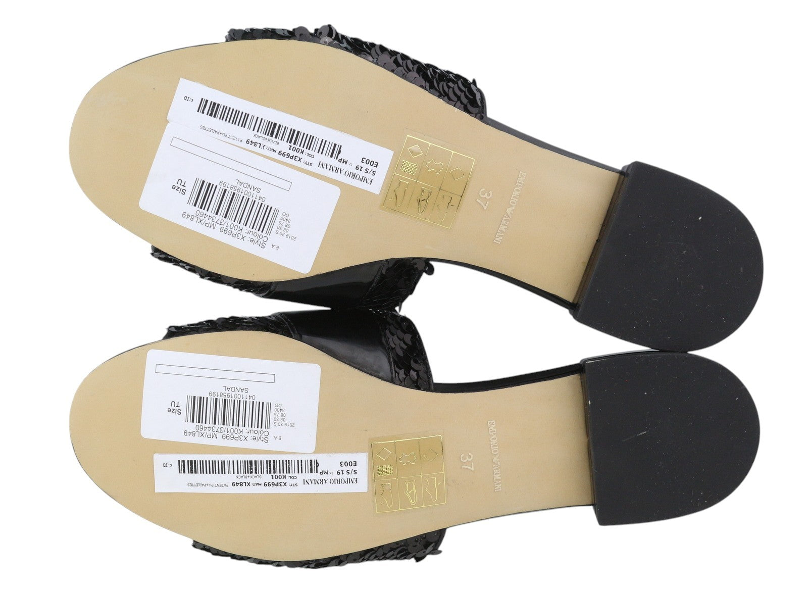 EMPORIO ARMANI X3P699 moteriški bateliai be kulno, 37 dydžio, juodi, blizgantys, blizgučiais puošti, atvira nosele. RMK 262 €. 