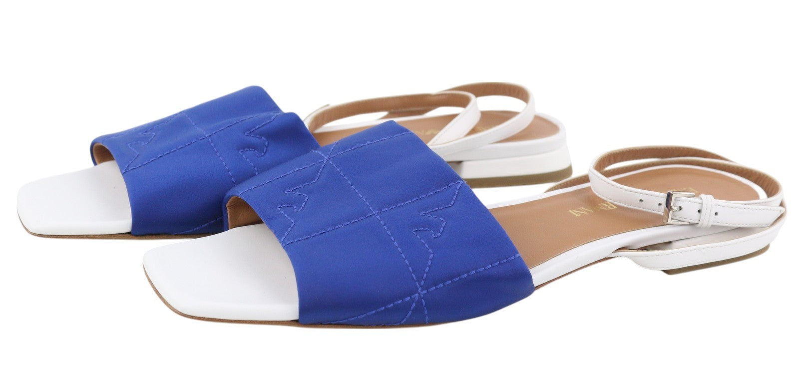 EMPORIO ARMANI moteriškos basutės, 37 dydžio, odinės, plokščiapadžiai batai su kvadratinėmis nosimis, dygsniuota sagtimi, šviesios spalvos. 