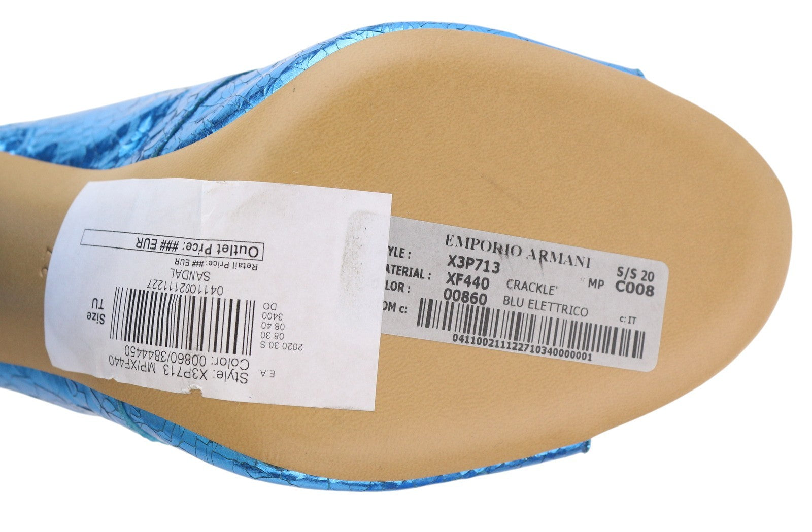 EMPORIO ARMANI X3P713 moteriškos basutės, 37 dydžio, mėlynos, blizgios odos, įsispiriamos. RMK 299 €. 