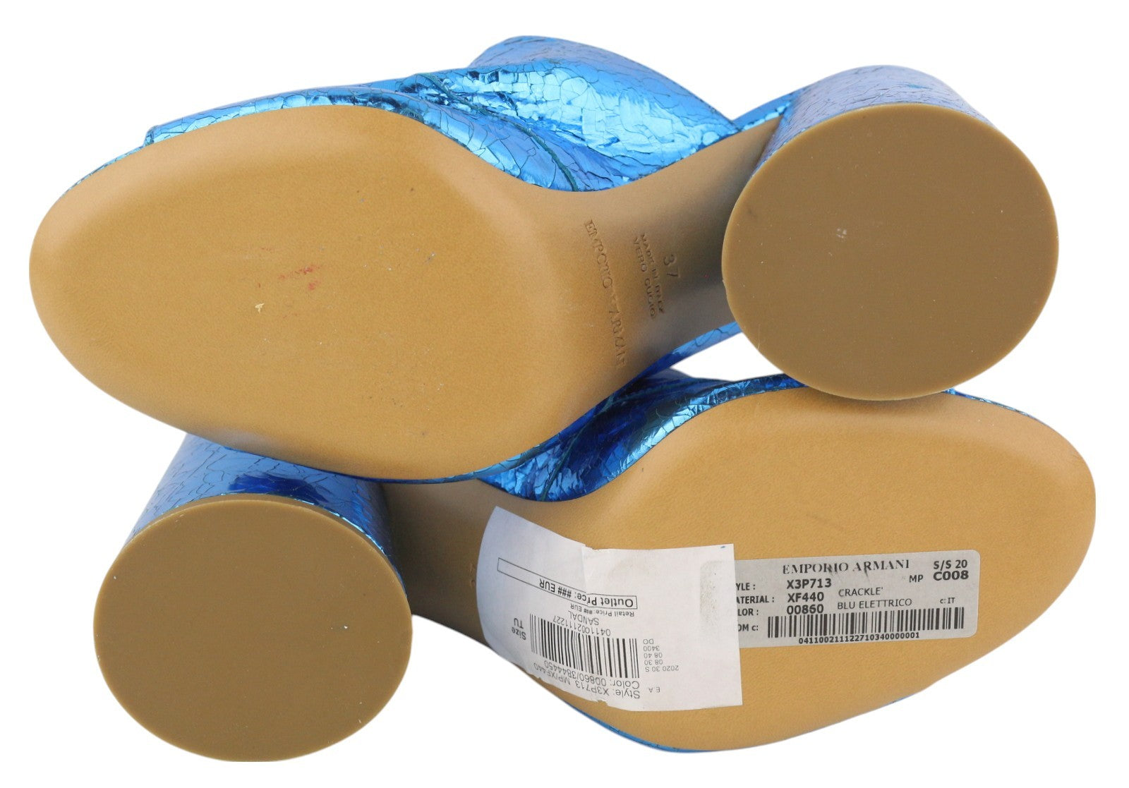EMPORIO ARMANI X3P713 moteriškos basutės, 37 dydžio, mėlynos, blizgios odos, įsispiriamos. RMK 299 €. 