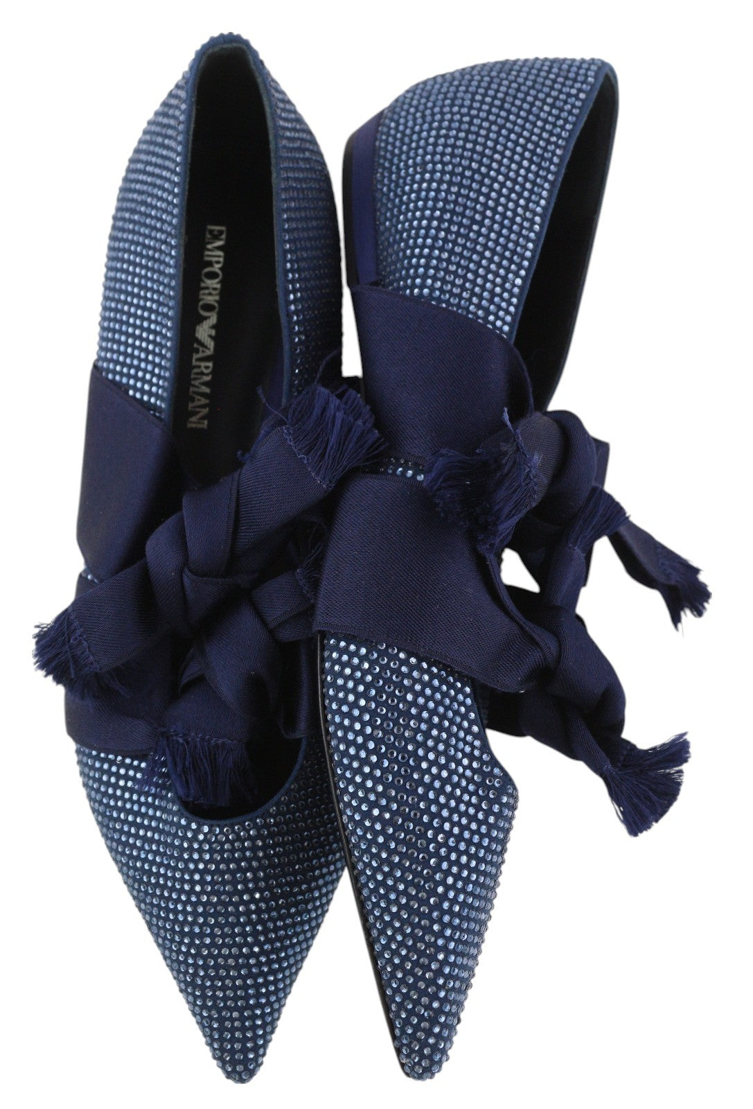 EMPORIO ARMANI moteriški bateliai su cirkoniais, 37 dydžio, mėlyna spalva, smailiomis nosimis, balerinos dirželiais. 