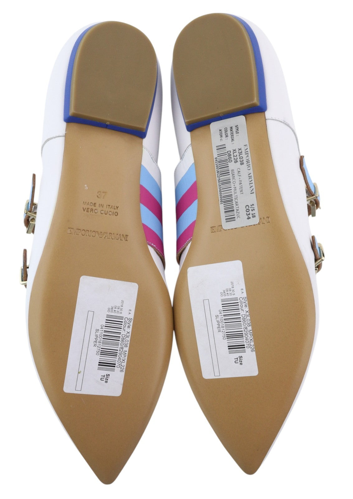 EMPORIO ARMANI X3L038 moteriški bateliai su baltos odos dvigubu dirželiu ir smailiu dirželiu. 