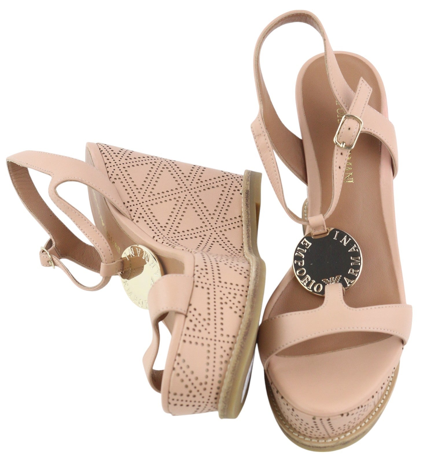 EMPORIO ARMANI X3U067 moteriškos basutės, 37 dydžio, šviesiai rožinės, odinės, pleišto formos aukštakulniai, rekomenduojama kaina – 219 € 