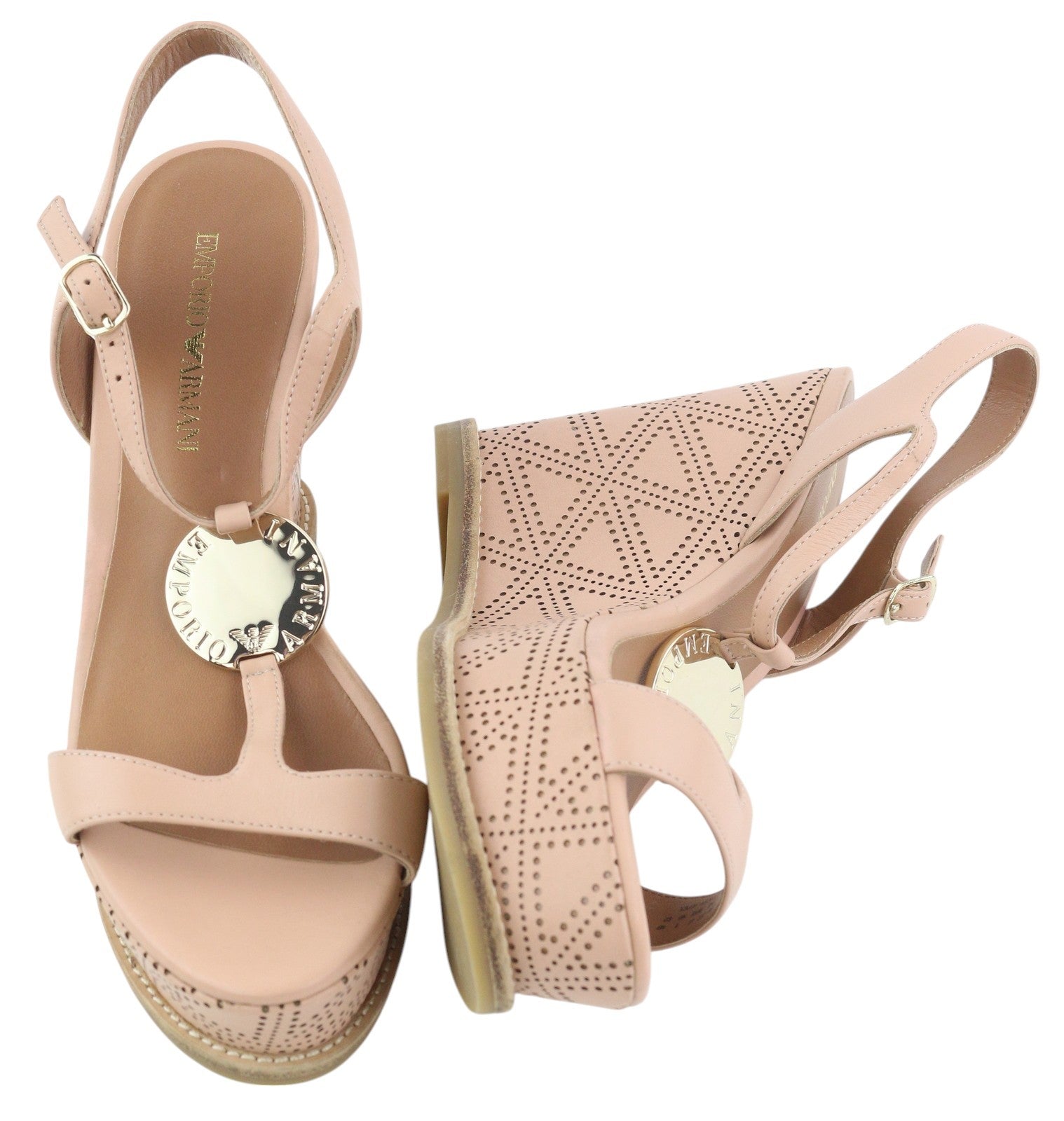 EMPORIO ARMANI X3U067 moteriškos basutės, 37 dydžio, šviesiai rožinės, odinės, pleišto formos aukštakulniai, rekomenduojama kaina – 219 € 