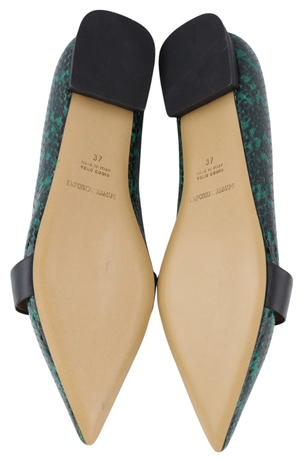 EMPORIO ARMANI moteriški bateliai su gyvatės raštu, 37 dydžio, žali, odiniai balerinos tipo bateliai su smailia nosele. 