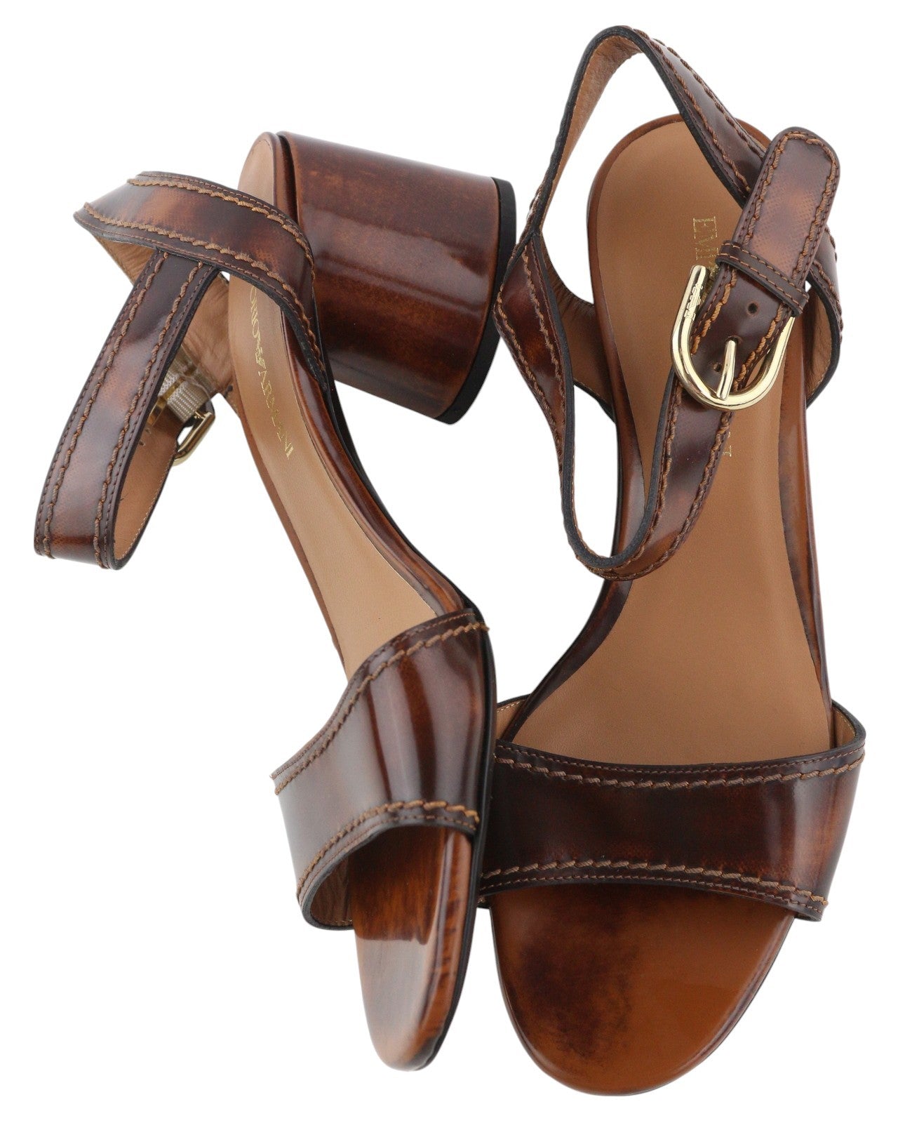 EMPORIO ARMANI moteriški aukštakulniai, 37 dydžio, rudos odos, blokinio kulno basutės su sagtimi, laisvalaikio stiliaus. 