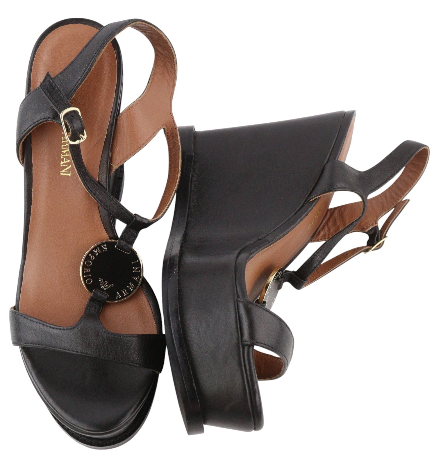 EMPORIO ARMANI moteriškos basutės, 37 €, juodos, odinės, pleišto formos, platforminės, laisvalaikio stiliaus. 