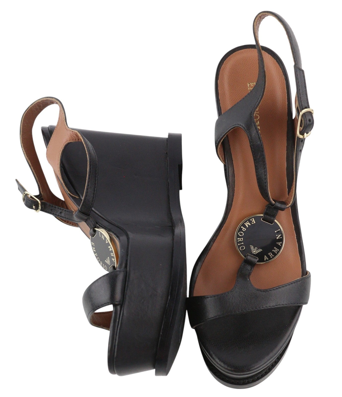 EMPORIO ARMANI moteriškos basutės, 37 €, juodos, odinės, pleišto formos, platforminės, laisvalaikio stiliaus. 