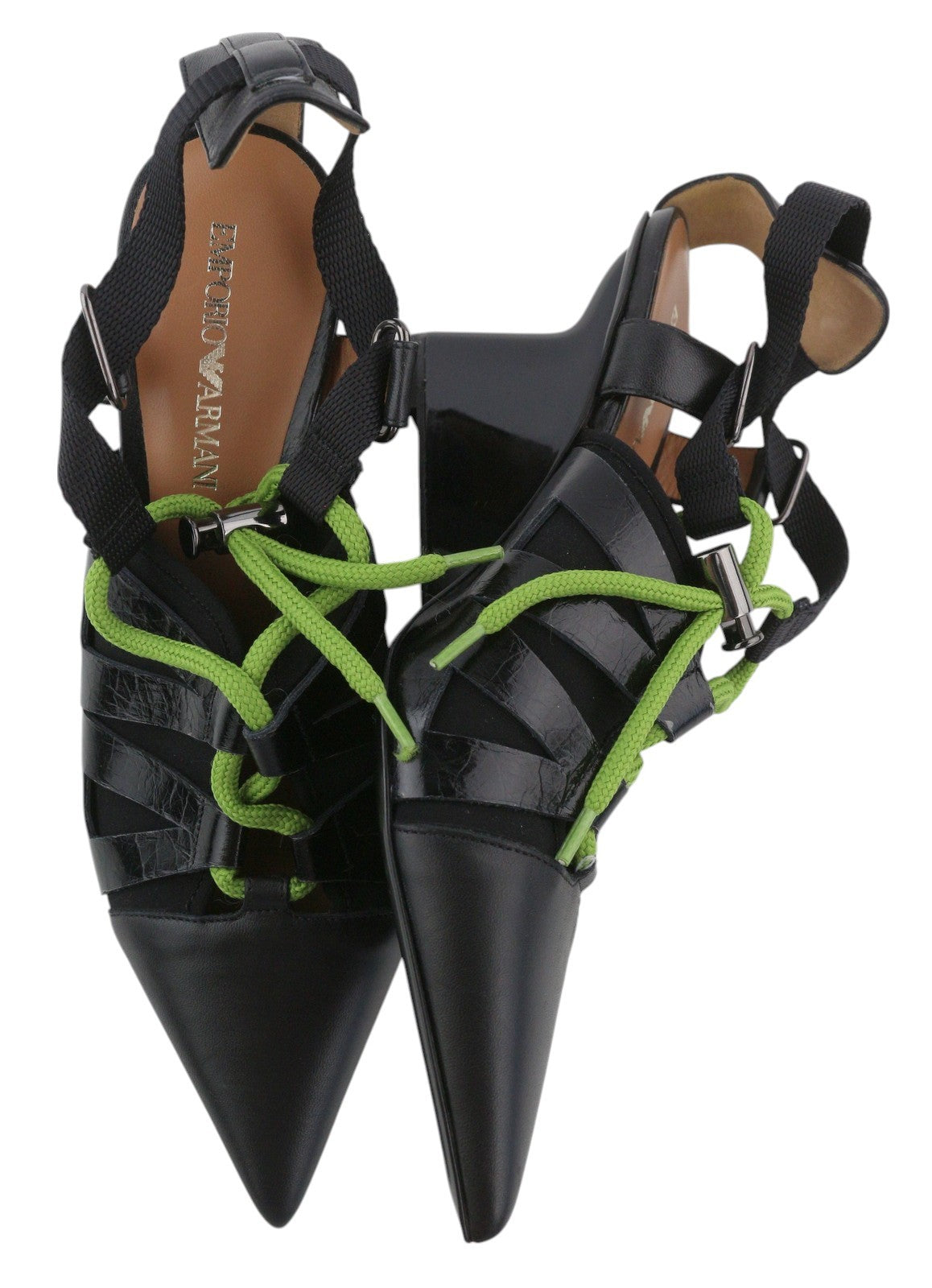 EMPORIO ARMANI moteriški aukštakulniai, 37 €, juodos odos, smaili nosis, žalios spalvos raišteliais. 