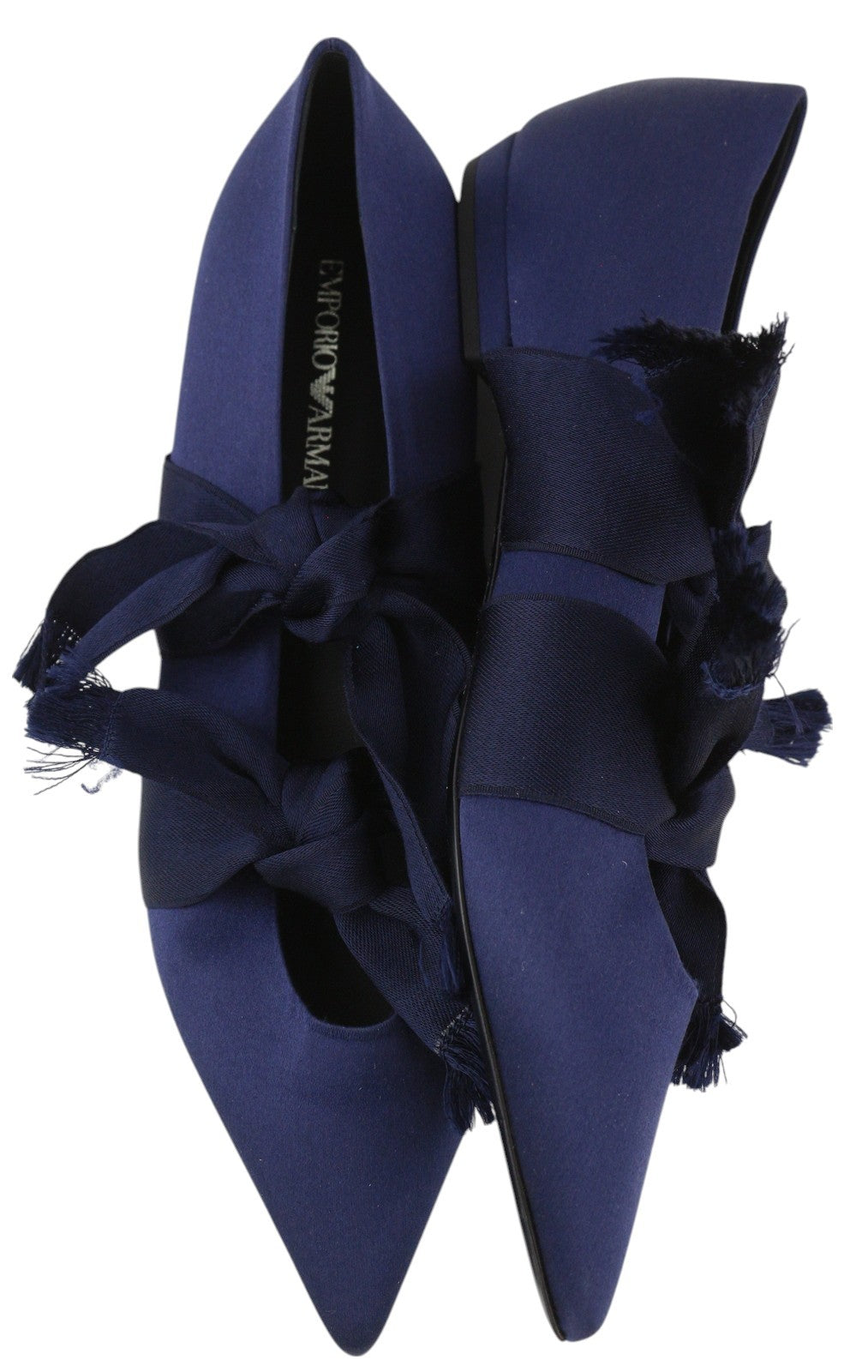 EMPORIO ARMANI moteriški bateliai su balerinos formos užtrauktuku, 37 dydžio, mėlyni, atlasiniai, smailūs noseliai. 