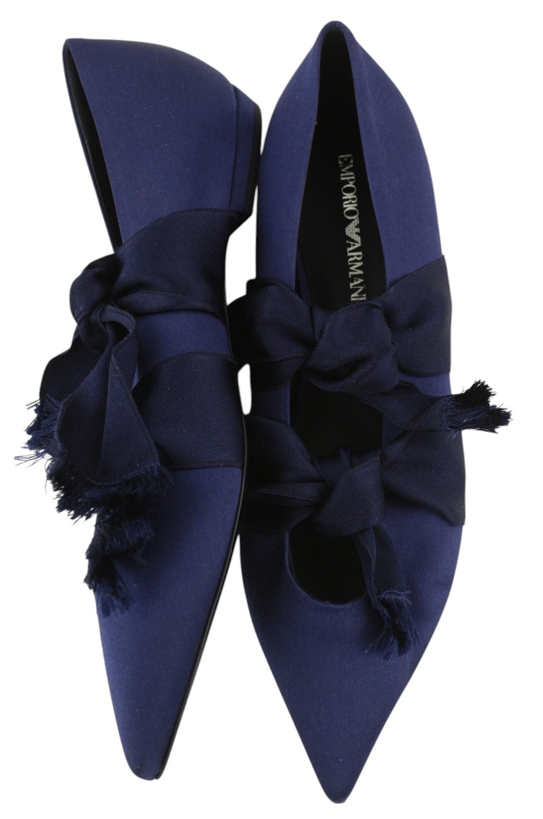 EMPORIO ARMANI moteriški bateliai su balerinos formos užtrauktuku, 37 dydžio, mėlyni, atlasiniai, smailūs noseliai. 