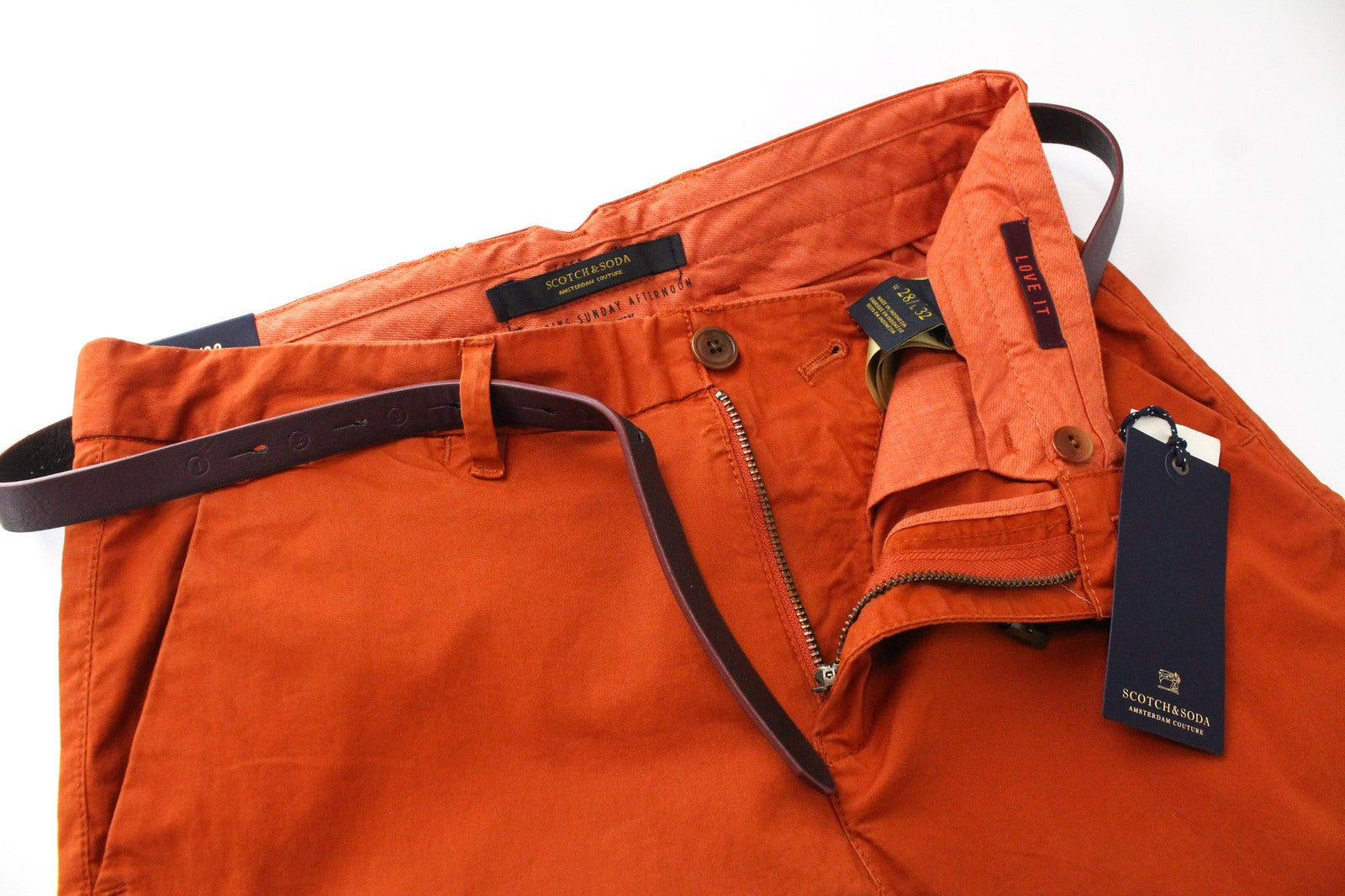 SCOTCH & SODA Stuart Men's W28 Orange Cotton Stretch Belted Slim Trousers