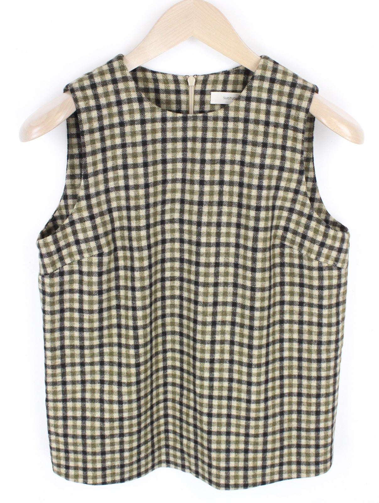 SUISTUDIO Sage moteriški languoti vilnoniai rudi žali marškinėliai be rankovių, dydis UK10, dydis be rankovių 