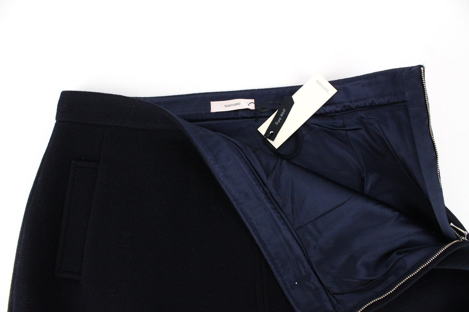 SUISTUDIO Aspen moteriškas sijonas UK18 tamsiai mėlynas vilnonis klasikinis trumpas oficialus 