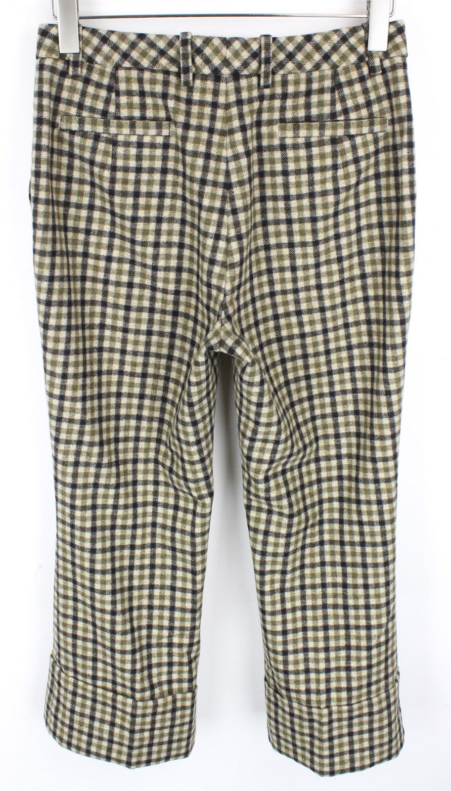 SUISTUDIO Robin moteriškos trumpos grynos vilnos klostuotos pilkos languotos kelnės (UK10)