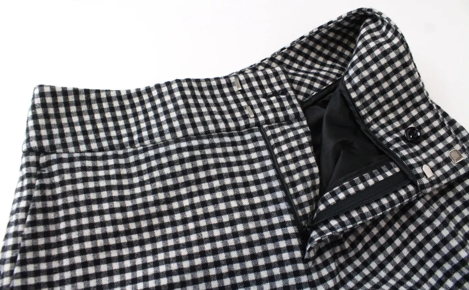 SUISTUDIO Lane moteriškos languotos juodos baltos vilnonės medvilninės tamprios kelnės (UK12S) 