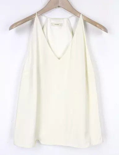 SUISTUDIO Rickie moteriški marškinėliai, UK8, balkšvi, šilkinis megztinis su V formos iškirpte ir pamušalu 