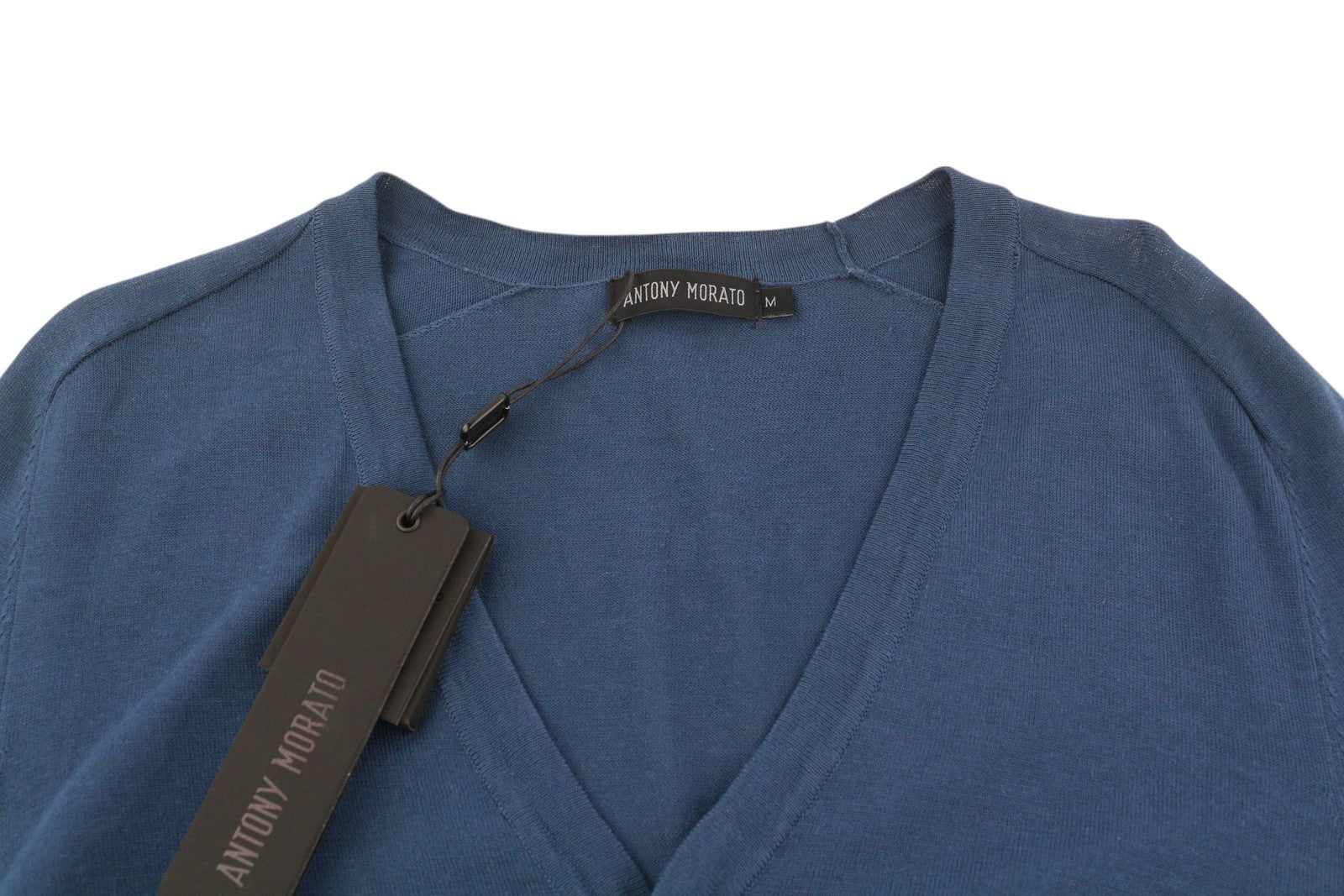 ANTONY MORATO vyriškas megztinis M mėlynas medvilninis megztinis su paslėptomis sagomis V formos iškirpte 