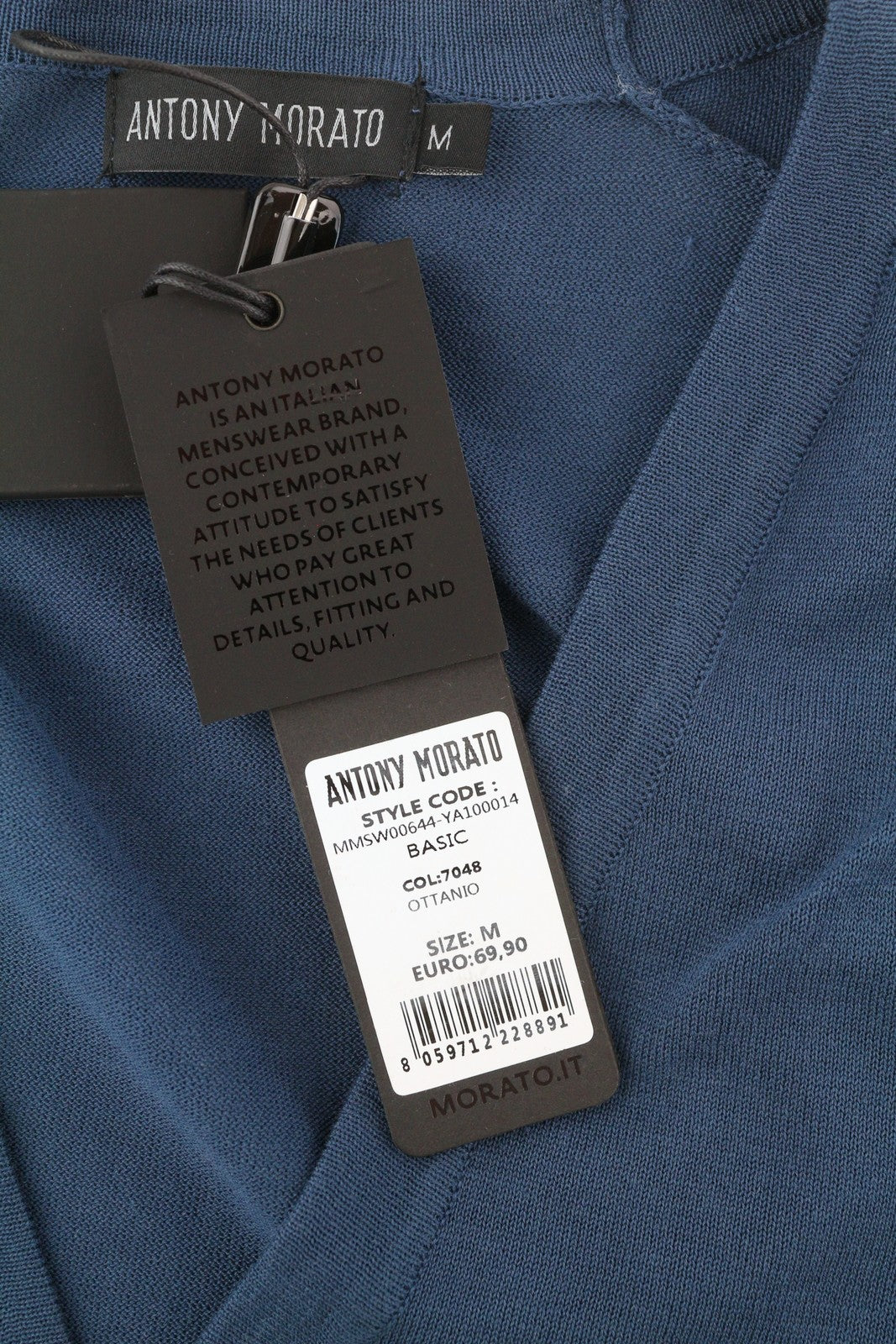 ANTONY MORATO vyriškas megztinis M mėlynas medvilninis megztinis su paslėptomis sagomis V formos iškirpte 