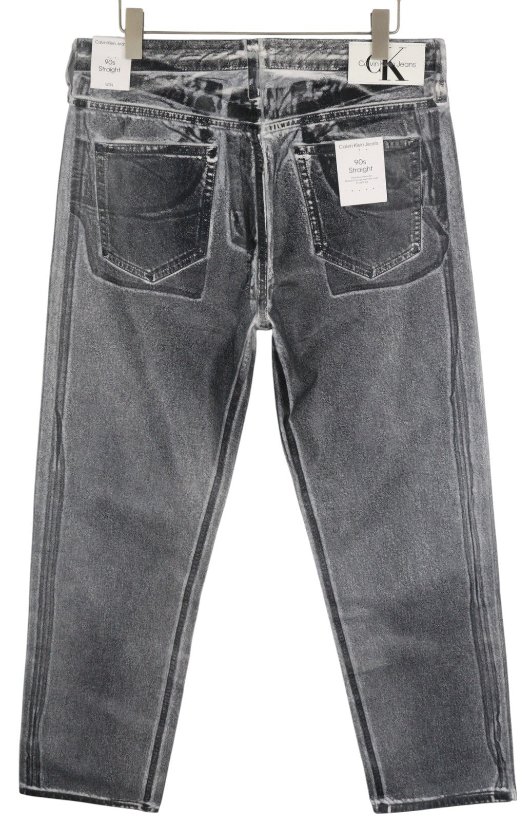 CALVIN KLEIN 90-ųjų tiesūs vyriški džinsai W34 pilki su skalbtu dengtu užtrauktuku, rekomenduojama kaina – 169 € 