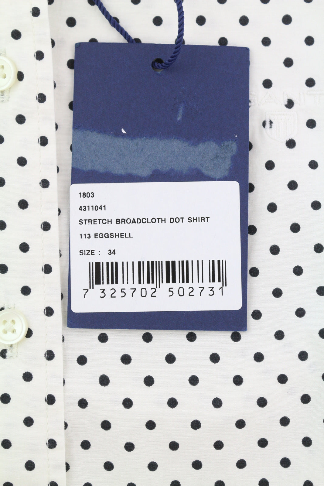 GANT Tamprūs, plačiaauliai marškinėliai su taškeliais, balti, su sagomis ir platėjančia apykakle, laisvalaikio stiliaus.