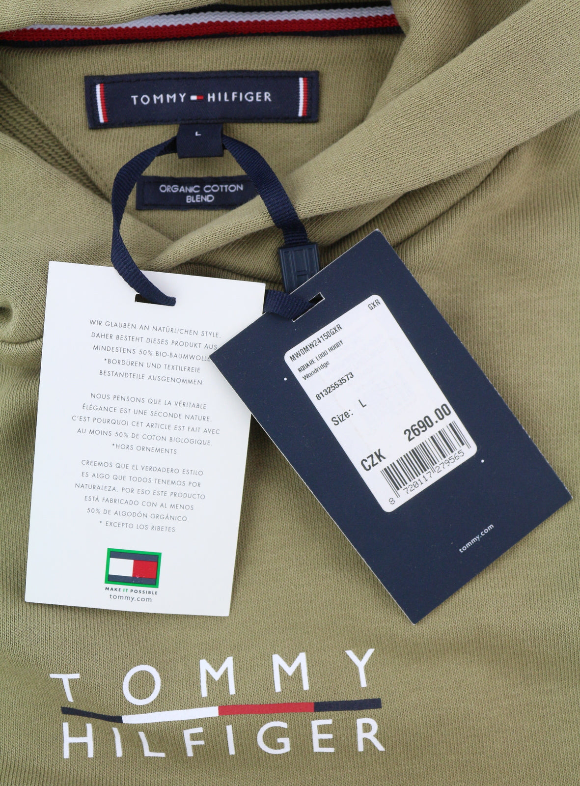 TOMMY HILFIGER Square Logo vyriškas megztinis su gobtuvu L rudas su kengūros kišene ir gobtuvu 