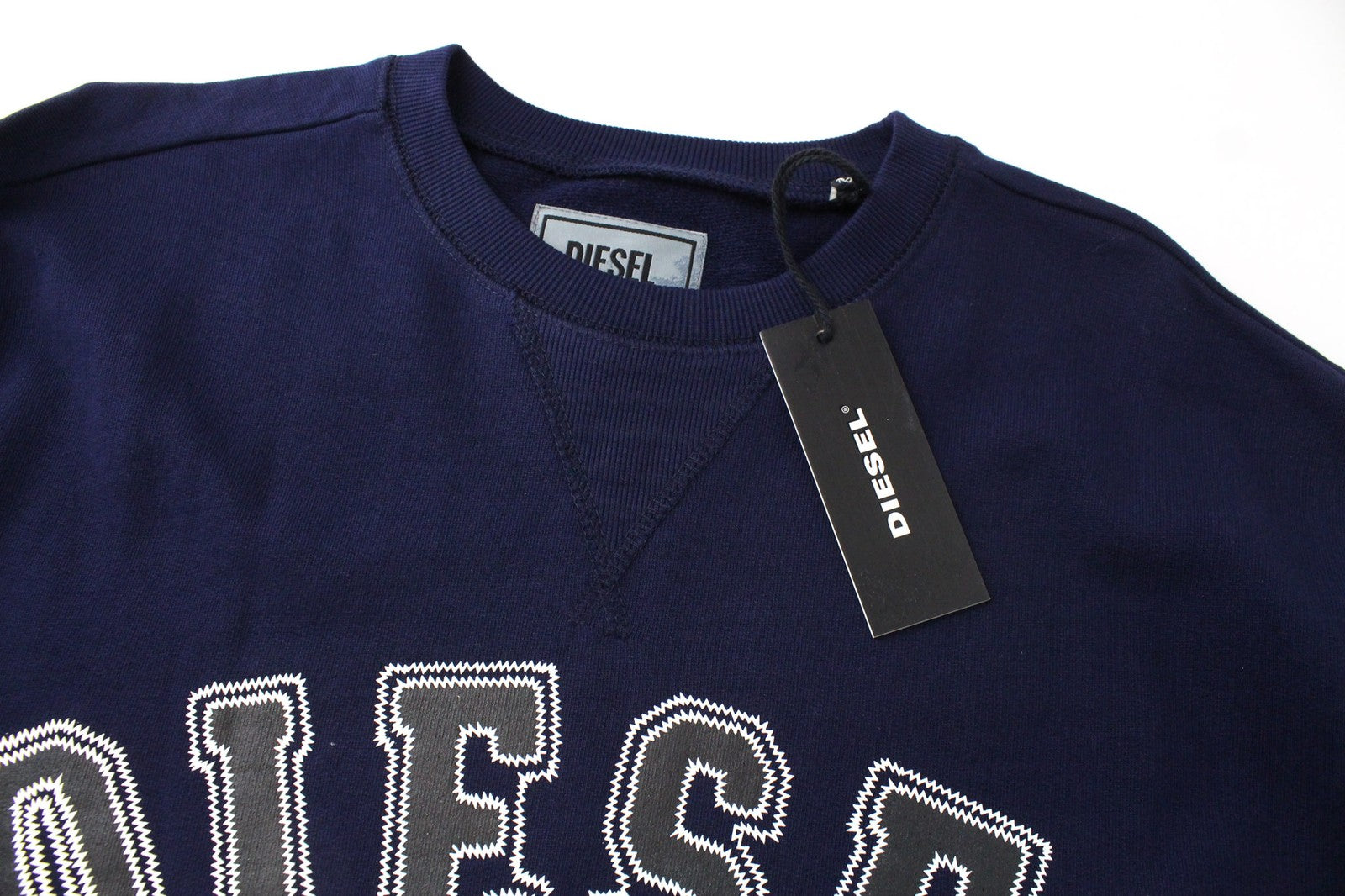 DIESEL S-Joe vyriškas M dydžio džemperis su tamsiai mėlynu logotipu ir ilgomis rankovėmis medvilniniu džemperiu 