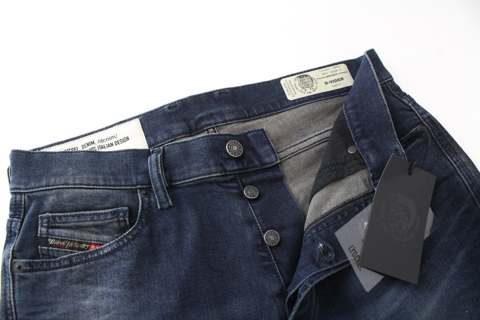 DIESEL D-Vider 084AU vyriški mėlyni W29/L30 morkų kirpimo tamprūs medvilniniai džinsai 