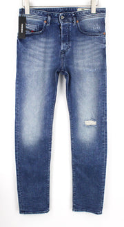 DIESEL Buster 081AQ vyriškos džinsinės kelnės W29/L32 su dirbtinės odos raštu, mėlynos, plonos, tamprios, siaurėjančios. 