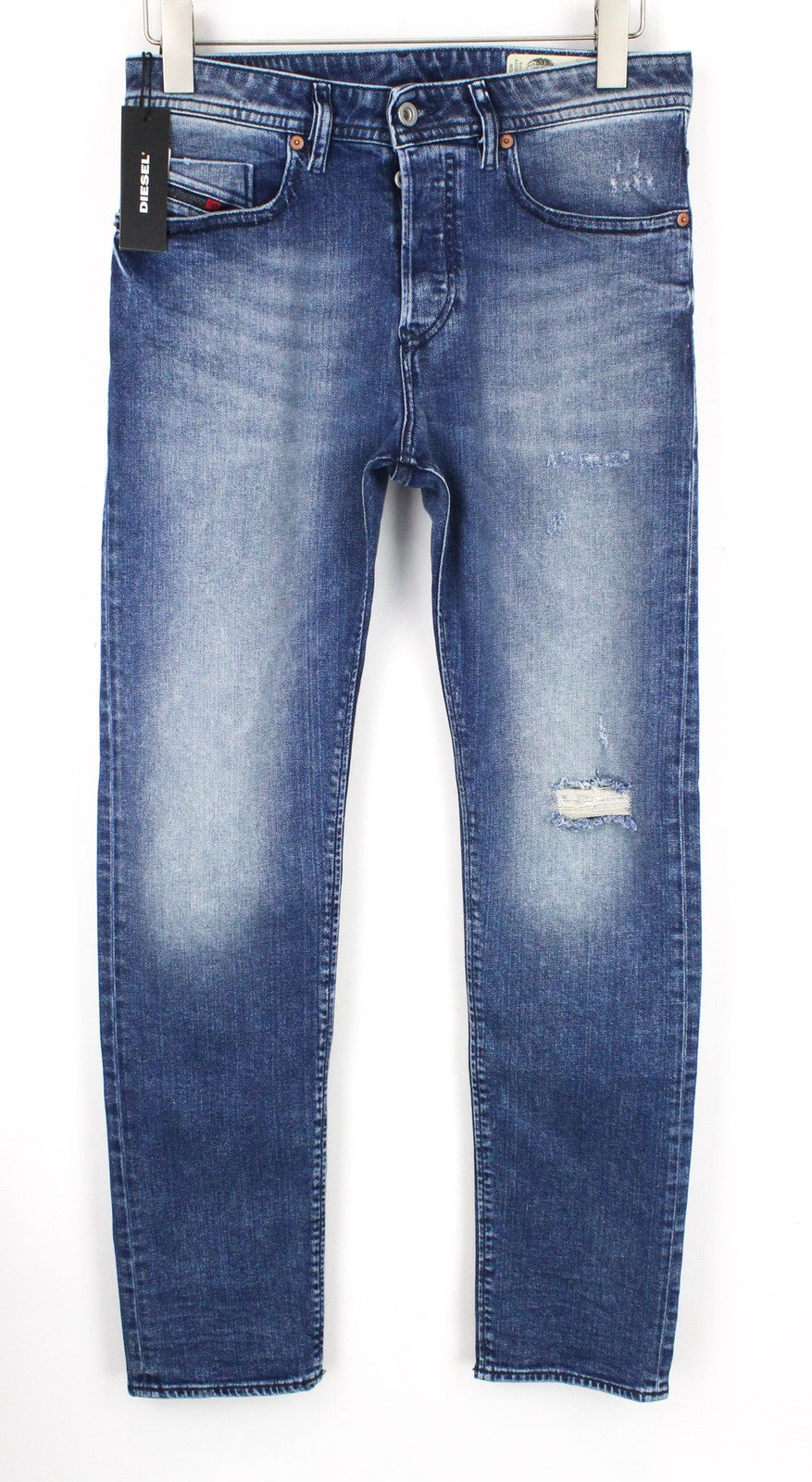 DIESEL Buster 081AQ vyriškos džinsinės kelnės W29/L32 su dirbtinės odos raštu, mėlynos, plonos, tamprios, siaurėjančios. 